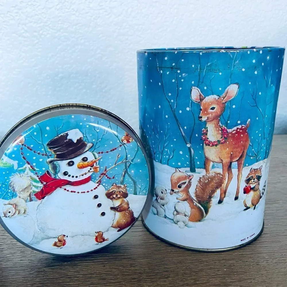 Vintage Christmas Winter Metal Kitchen Canister Jar